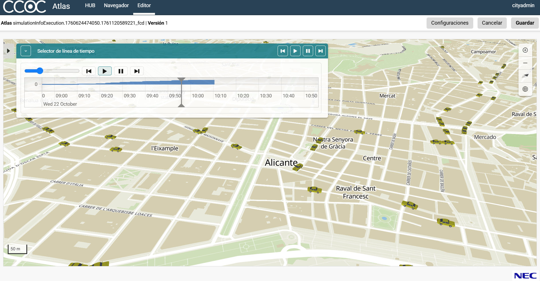 Gemelo digital de Alicante: simulación de vehículos en el centro urbano