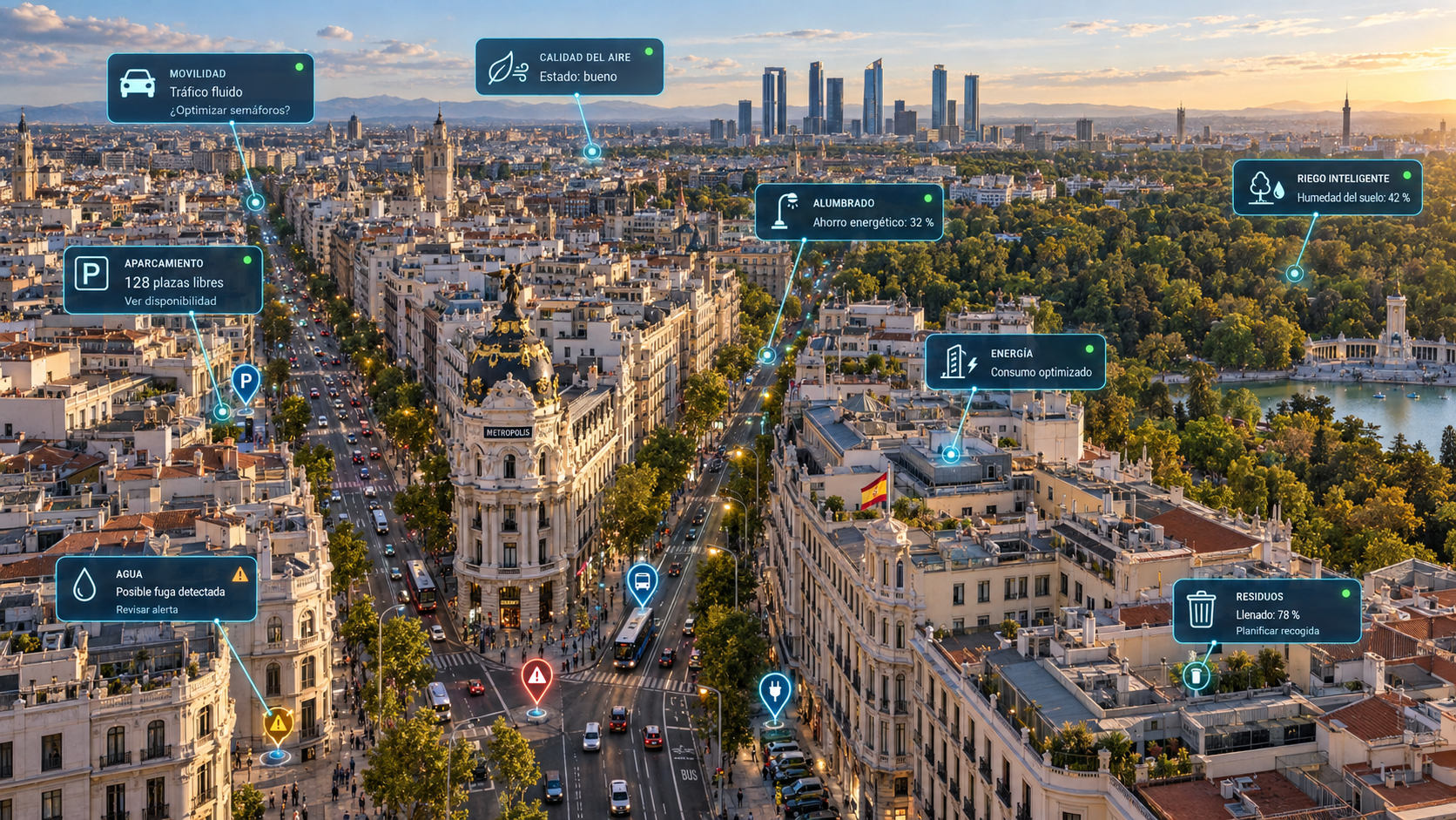Vista de una ciudad conectada con infraestructuras digitales